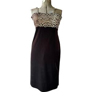 VTG Michel Stephen Chocolate Brown Velvet Strapless Dress L Lace Bodice Cocktail